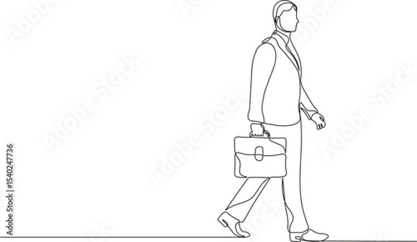 Fototapeta Businessman walking with briefcase in continuous line drawing style. Sketch of man carrying briefcase in minimalist black lines isolated on white background. Vector illustration