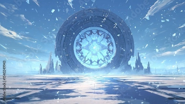 Fototapeta Magical Portal on Icy Tundra: Ethereal Blue-White Gateway to Cosmic Realm. Abstract Commercial Background for Magazine Illustrations, Book Covers, and Game Art Design. AI-Generated Futuristic Concept 