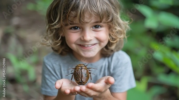 Fototapeta Close-up shot of a smiling child gently holding a large brown insect in their open palms, set against a blurred natural background of lush green foliage