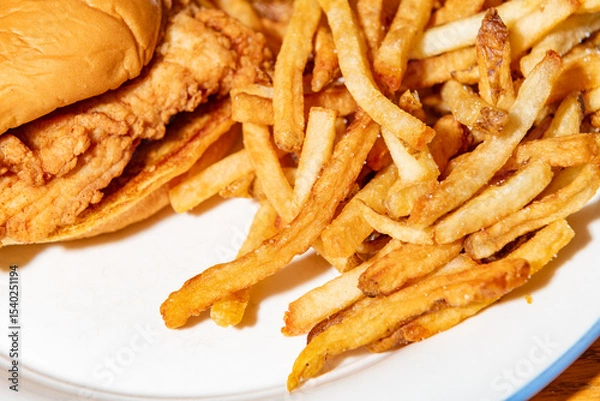 Fototapeta Close up of a fried chicken sandwich and fries with a shallow depth of field and copy space