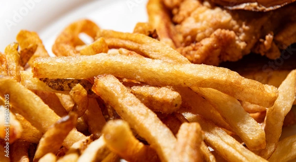 Fototapeta Close up of a fried chicken sandwich and fries with a shallow depth of field and copy space