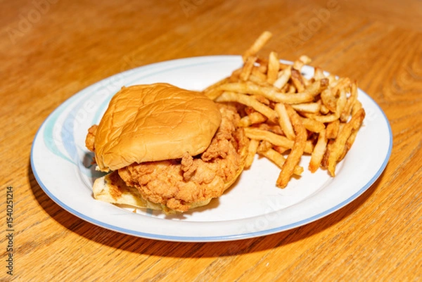 Fototapeta Close up of a fried chicken sandwich and fries with a shallow depth of field and copy space
