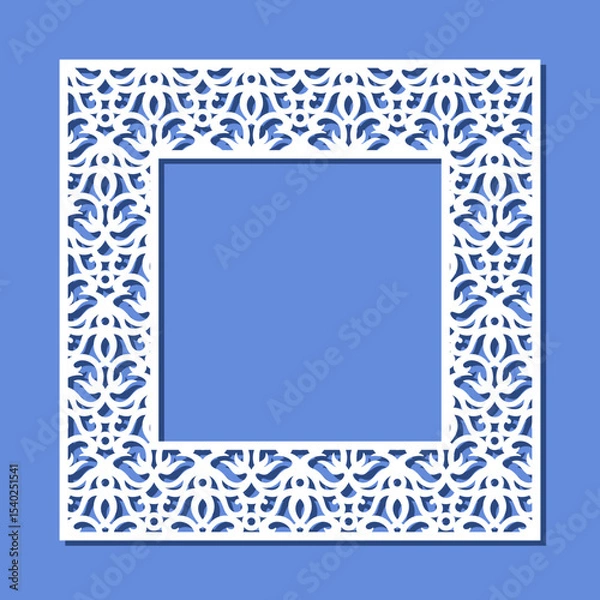 Fototapeta Square frame with carved ornament. Border, edge for mirror, postcard, photo. Floral plant pattern. Template for plotter laser cutting of paper, wood carving, metal engraving, cnc. Vector illustration.