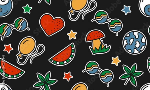 Fototapeta Seamless pattern with randomly placed cartoon groovy stickers on black background. Version 2. Vector illustration