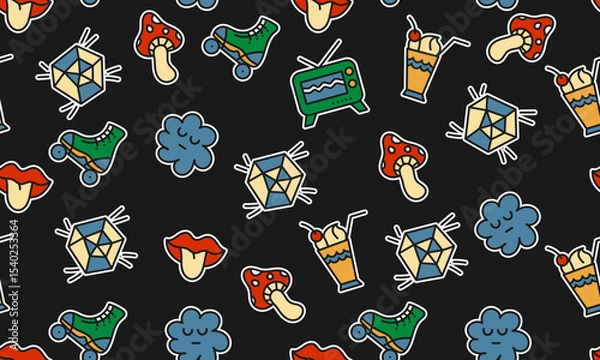 Fototapeta Seamless pattern with randomly placed cartoon groovy stickers on black background. Vector illustration