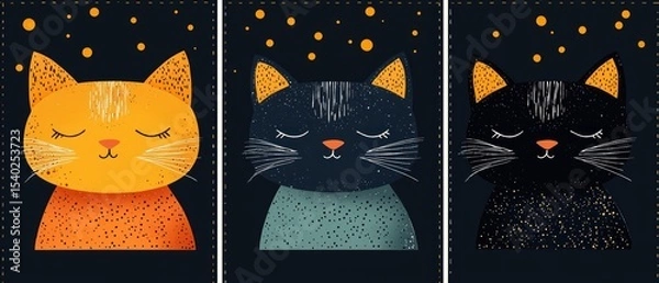 Fototapeta Three Sleeping Cats Art Print, Dark Background, Night Theme