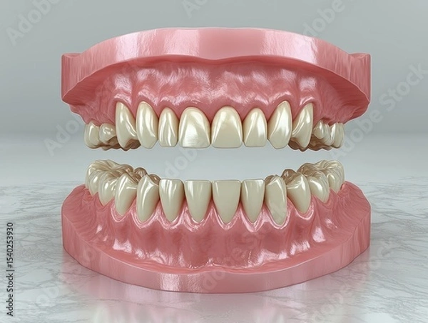 Fototapeta A detailed 3D rendering of a full set of healthy human teeth, set within realistic gums