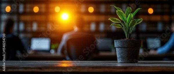 Fototapeta Plant on Table in Office with Blurred Background