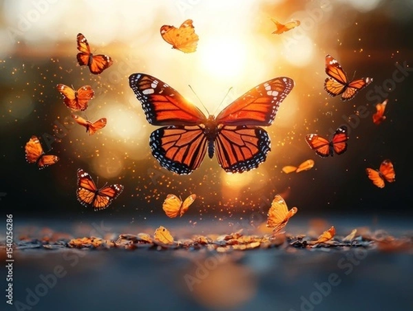 Obraz Monarch butterfly surrounded by others at sunset
