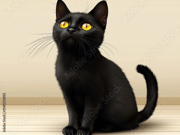 Obraz Black Kitten Sitting on Wooden Floor, Looking Up