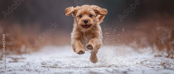 Obraz Happy puppy running in snowy field