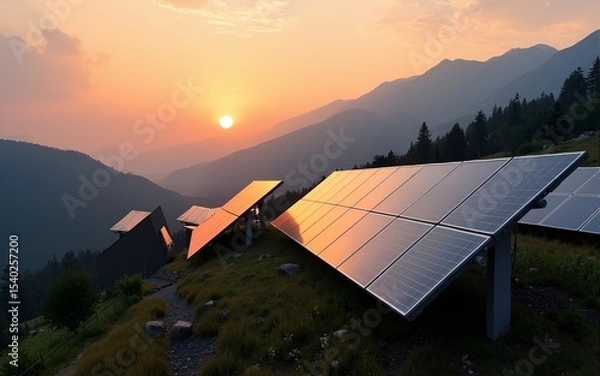 Fototapeta Smart power grid integration with solar panels in mountainous landscape at sunset. High quality