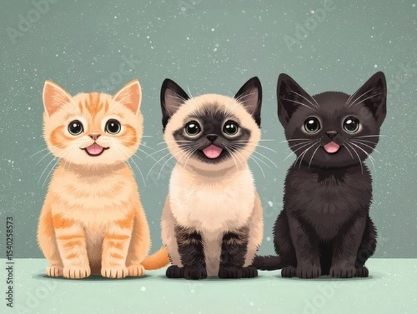 Obraz Three adorable kittens, orange, cream, and black, sitting side-by-side,  displaying happy expressions