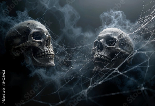 Fototapeta AI generated image of grey smoke and spiderwebs and skulls. Halloween background