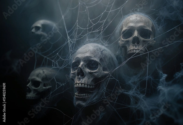 Fototapeta AI generated image of grey smoke and spiderwebs and skulls. Halloween background