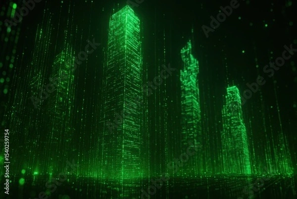 Obraz Futuristic Digital Cityscape with Glowing Green Matrix-Style Buildings at Night