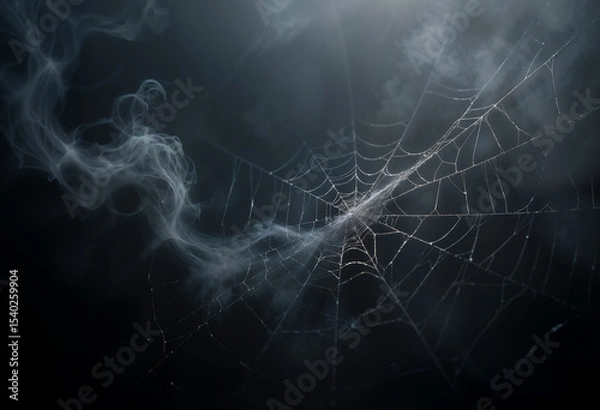 Fototapeta AI generated image of grey smoke and spiderwebs. Halloween background
