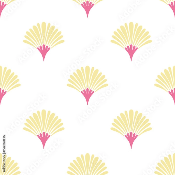 Fototapeta Hand drawn seamless pattern with semi-circular fan shapes abstract yellow flowers on white background. Scallop leaves backdrop. Ideal for textiles, wallpapers, and interior decor