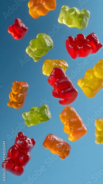Obraz Colorful gummy bears floating mid-air on blue background in sharp focus

