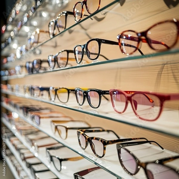 Obraz exhibitor of glasses consisting of shelves of fashionable glasses shown on a wall at the optical shop