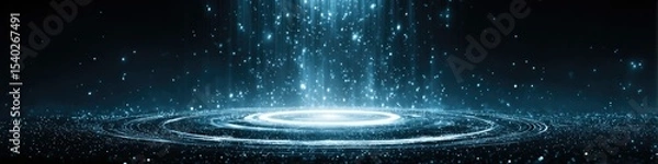 Fototapeta Futuristic Blue Tech Stage with Illuminated Circular Podium and Digital Display: Empty Platform in Dark Space for Product Launches and Tech Events. Creative Abstract Commercial Background for Magazine