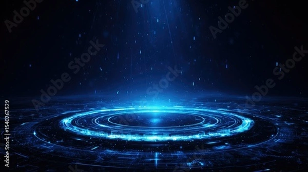 Fototapeta Futuristic Blue Tech Stage with Illuminated Circular Podium and Digital Display: Empty Platform in Dark Space for Product Launches and Tech Events. Creative Abstract Commercial Background for Magazine