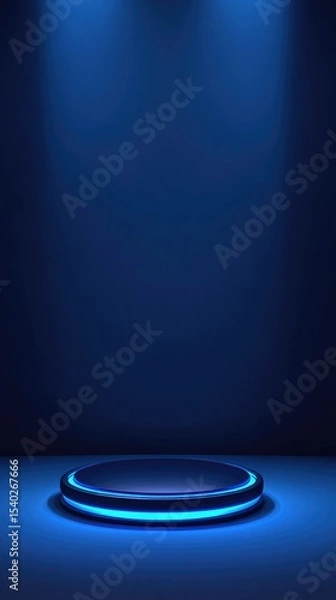 Fototapeta Futuristic Blue Tech Stage with Illuminated Circular Podium and Digital Display: Empty Platform in Dark Space for Product Launches and Tech Events. Creative Abstract Commercial Background for Magazine