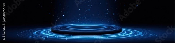 Fototapeta Futuristic Blue Tech Stage with Illuminated Circular Podium and Digital Display: Empty Platform in Dark Space for Product Launches and Tech Events. Creative Abstract Commercial Background for Magazine
