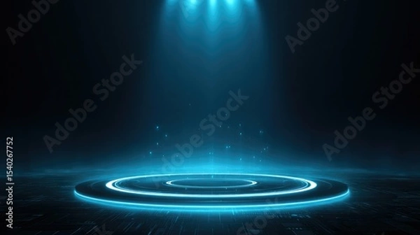 Fototapeta Futuristic Blue Tech Stage with Illuminated Circular Podium and Digital Display: Empty Platform in Dark Space for Product Launches and Tech Events. Creative Abstract Commercial Background for Magazine
