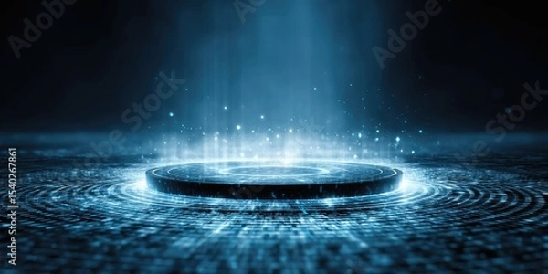 Fototapeta Futuristic Blue Tech Stage with Illuminated Circular Podium and Digital Display: Empty Platform in Dark Space for Product Launches and Tech Events. Creative Abstract Commercial Background for Magazine
