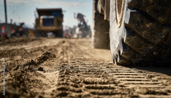 Fototapeta A close-up of the tire tracks left by a heavy construction truck on a dirt road, with large trucks in the background