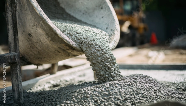 Fototapeta A construction site, close-up of the gray cement being poured from an industrial concrete mixer into a wheelbarrow full of sand and gravel, focus on pouring concrete in the background