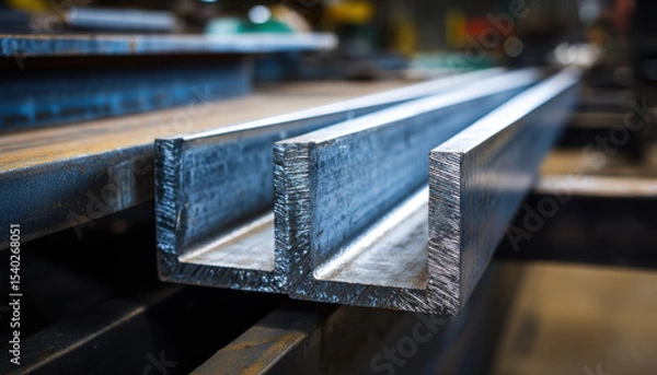 Fototapeta Close-up of steel beams in the workshop, focusing on their structure and quality
