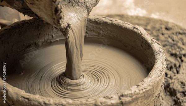 Fototapeta Close-up of a cement mixer, pouring concrete into the bowl, with a spiral pattern on the bottom