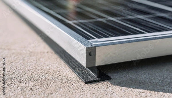 Fototapeta Close-up of the bottom edge and top surface of photovoltaic panels, showcasing their metal frame with an aluminum profile on one side and a black textured film on the other