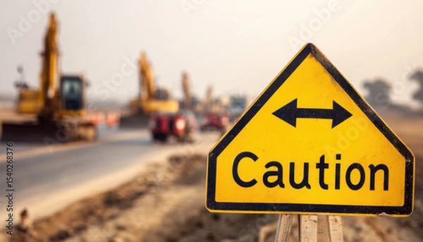 Fototapeta A yellow and black sign with an arrow and the outline of the road ahead, with a “Caution” sign indicating construction workers working on the highway