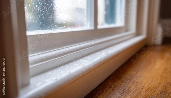 Fototapeta Close-up of a window sill with white plastic trim