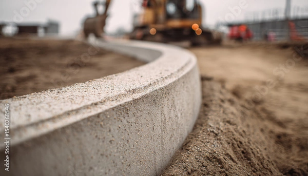 Fototapeta Close-up of a curved concrete border on an outdoor construction site, showcasing the precision and quality in its creation