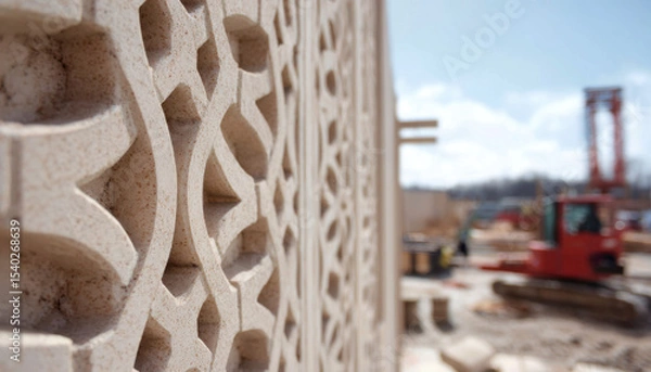 Fototapeta Close-up of laser-cut sandstone panels with intricate geometric patterns, showcasing the precision and detail in their creation process