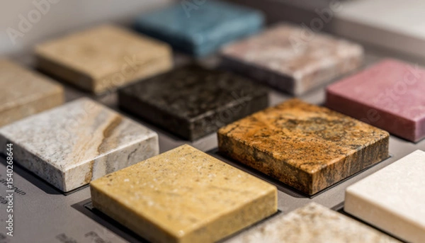 Fototapeta A close-up of various colors and patterns in natural stone samples, displayed on an interactive display board for kitchen countertop choices with color swatches
