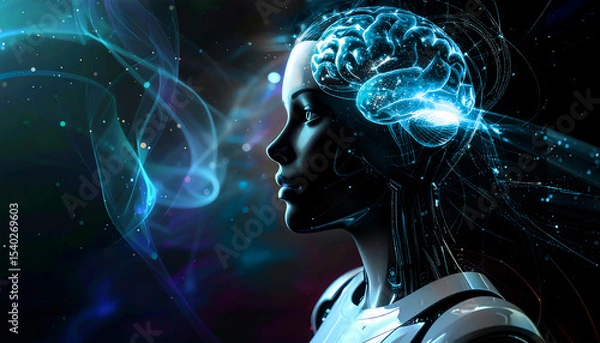 Obraz 女性の横顔のAIロボット、見つめる瞳、脳と回路が融合したイラスト素材、生成AI画像