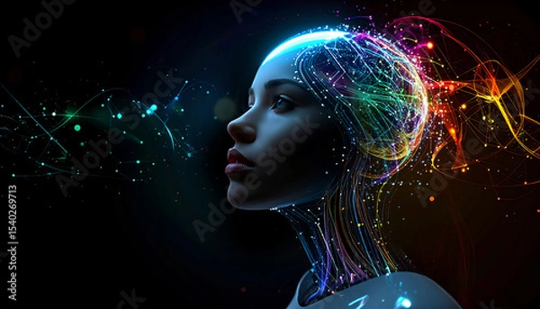 Obraz 女性の横顔のAIロボット、見つめる瞳、脳と回路が融合したイラスト素材、生成AI画像