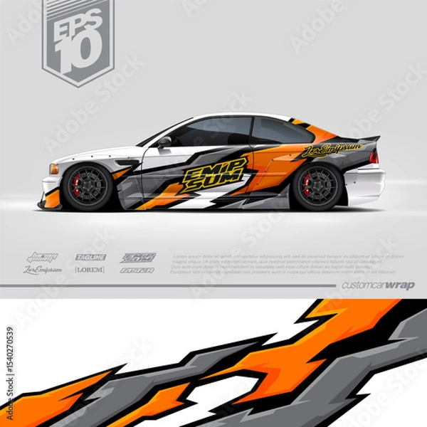 Fototapeta Racing car wrap design vector. Graphic abstract stripe racing background kit designs for wrap vehicle, race car, rally, adventure and livery. Full vector eps 10	
