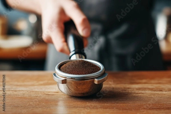 Obraz Barista preparing freshly ground coffee in a café environment during the morning rush