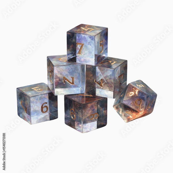 Fototapeta Stack of iridescent gemstone polyhedral dice