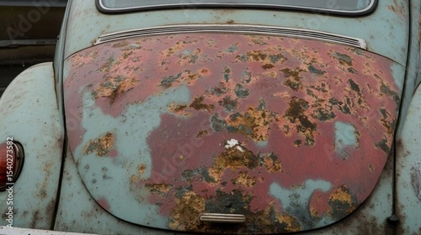 Fototapeta Old damaged car surface with visible rust, corrosion and peeling paint on metal body panels, close-up of vehicle decay representing aging, neglect, and automotive deterioration in urban environment