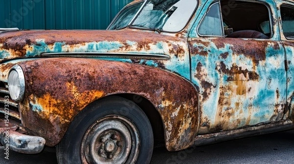 Fototapeta Old damaged car surface with visible rust, corrosion and peeling paint on metal body panels, close-up of vehicle decay representing aging, neglect, and automotive deterioration in urban environment