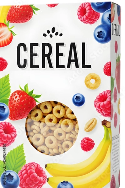 Fototapeta Cereal box with a transparent background. The box features colorful illustrations of strawberries, blueberries, and bananas. A circular window shows the cereal inside.