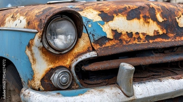 Fototapeta Old damaged car surface with visible rust, corrosion and peeling paint on metal body panels, close-up of vehicle decay representing aging, neglect, and automotive deterioration in urban environment