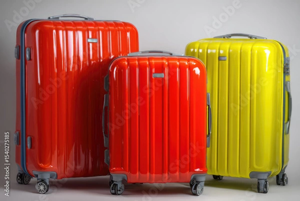 Fototapeta a large red suitcase, a blue medium suitcase, a small yellow suitcase on a white background. The concept of rest and vacation